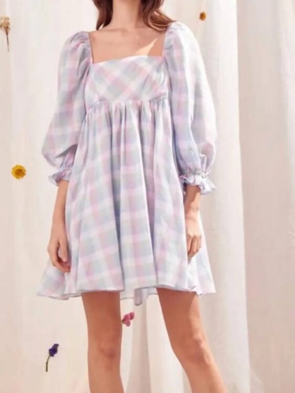 STORIA Pastel Plaid Puff-Sleeve Babydoll Dress